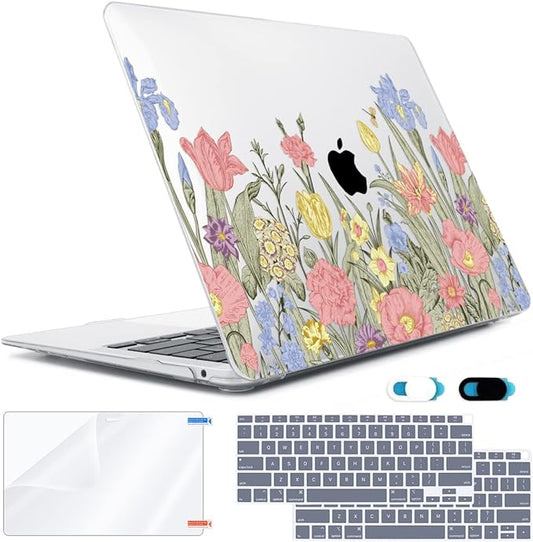 for New MacBook Air 13 inch Case 2022 2021 2020-2018 Release M1 A2337 A2179 A1932 Touch ID Retina Display, Hard Case with Keyboard Cover&Screen Film&Webcam Cover for Mac Air13, Spring Flowers