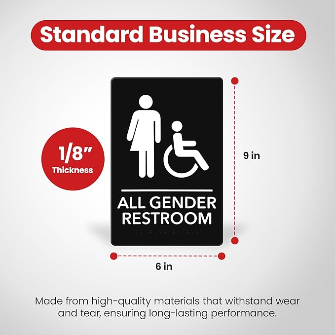 Promot All Gender Handicap Bathroom Sign – ADA Braille Restroom Sign for Business, Self-Adhesive, 9" x 6", Commercial Door Signage, Office Wall Decor - Black