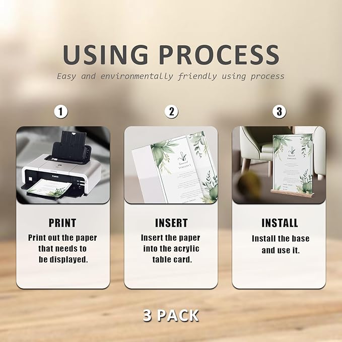 Acrylic Sign Holder 11x8.5 with Wood Base,T-shape Table Display Stands for Office,Store,Restaurants and Event use,Flyer Holder for Ads, Menu, Picture(3 packs,horizontal-L11*H8.5inches)