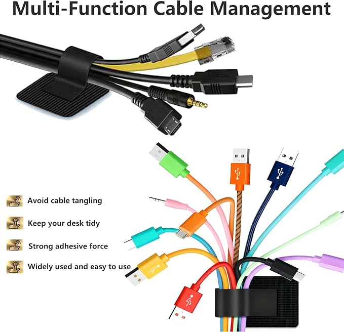 Under Desk Cable Management, Wire Organizers for Cords - Upgrade 48 PCS Sticky Back Self Adhesive Cable Ties, Hook and Loop Straps for Home or Office Use