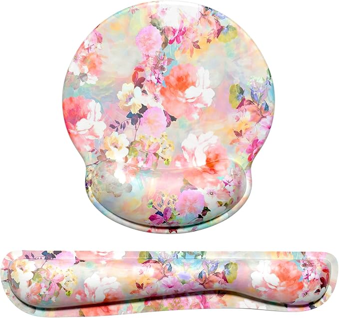 Dapesuom Keyboard Wrist Rest and Mouse Pad with Wrist Support, Cute Memory Foam Cushion for Keyboard and Mouse Set, Desktop Pad Rests with Non Slip Base for Easy Typing & Pain Relief, Peonies Floral