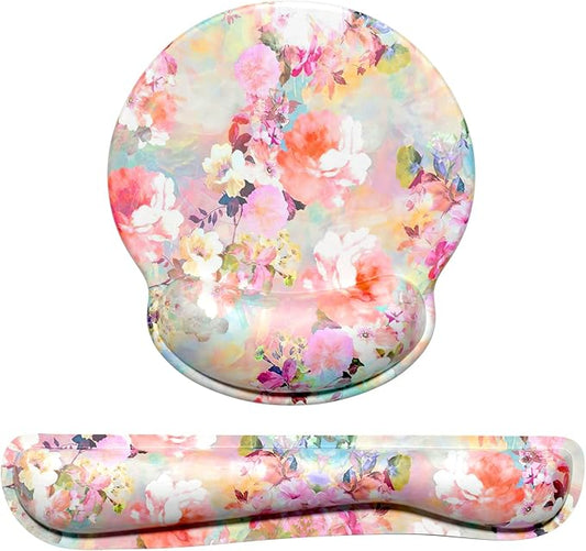 Dapesuom Keyboard Wrist Rest and Mouse Pad with Wrist Support, Cute Memory Foam Cushion for Keyboard and Mouse Set, Desktop Pad Rests with Non Slip Base for Easy Typing & Pain Relief, Peonies Floral