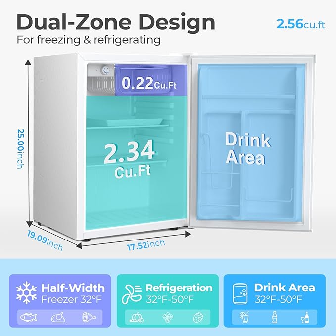 Antarctic Star 2.56 Cu.Ft. Mini Fridge with Freezer, Small Refrigerators with Adjustable Thermostat, Low Noise, Energy Saving, Compact Refrigerators for College Dorm, Office, Bedroom, Apartment, White