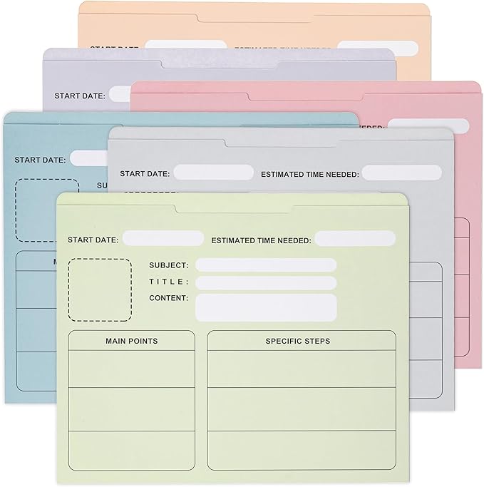 Y YOMA 6 Pack File Folder Jackets Letter Size Paper Pocket File Folder with Reinforced Straight-Cut Tab Pre-Printed Job Folders No Expansion Organizer for Office, Soft Colors, Project Design