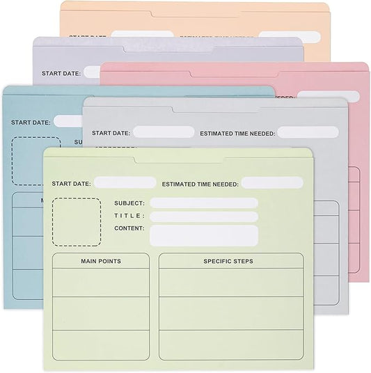 Y YOMA 6 Pack File Folder Jackets Letter Size Paper Pocket File Folder with Reinforced Straight-Cut Tab Pre-Printed Job Folders No Expansion Organizer for Office, Soft Colors, Project Design