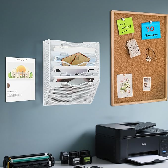 Hanging Wall File Organizer with Office Assorted, 5 Pockets Mesh Wall Mounted File Folder Holder for Mail, Paper, Document, Binder, Magazine, Menu (White)