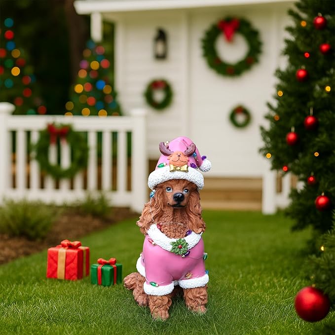 Christmas Decorations Outdoor Dog Statue, Resin Poodle Dog Sculpture with Pink Christmas Santa Outfit & Lights, Battery Operated Indoor Holiday Décor Gift for mom