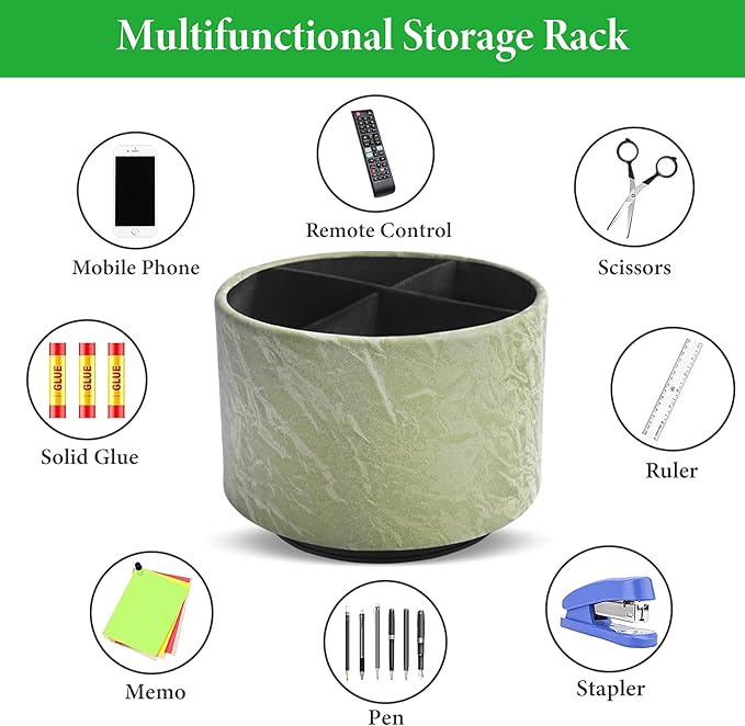 Hennaja Round Leather Art Supply Organizer,Remote Control Holder,360 Degree Spinning,Multi-Functional Pencil Holder,4 Compartments Desktop Stationary Organizer(1-Hill Green)