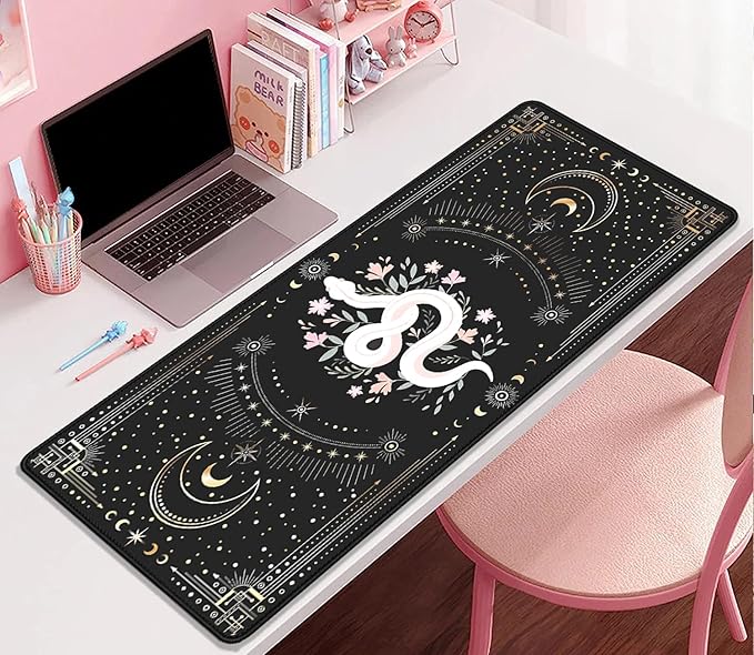 Mysterious Starry Sky Moon and White Snake Pattern Large Extended Gaming Mouse Pad E-Sports Office Desk Mat Keyboard Pad Rubber Non-Slip Computer Mouse Mat Suitable for Home Office Work(27.5X11.8 in)