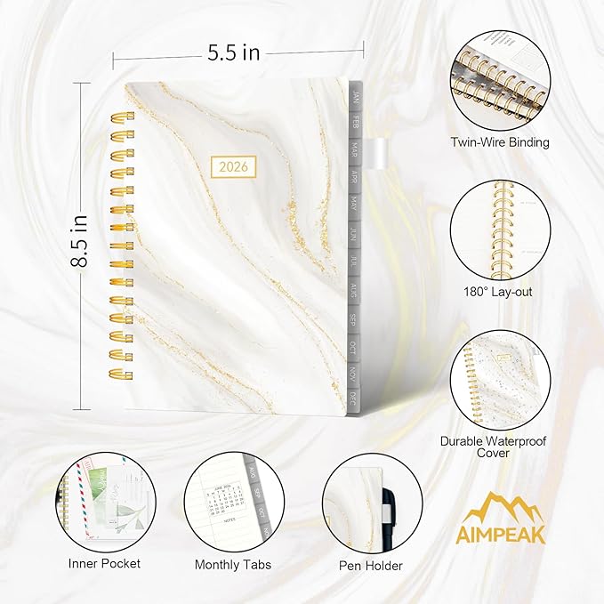 2026 Planner Weekly and Monthly, AIMPEAK Weekly Planner 2026 with Tabs, Jan. 2026 - Dec. 2026, Calendar Planner for Women, Pen Loop, Flexible Cover，Spiral Binding, White Marble, 5.5" x 8.5"