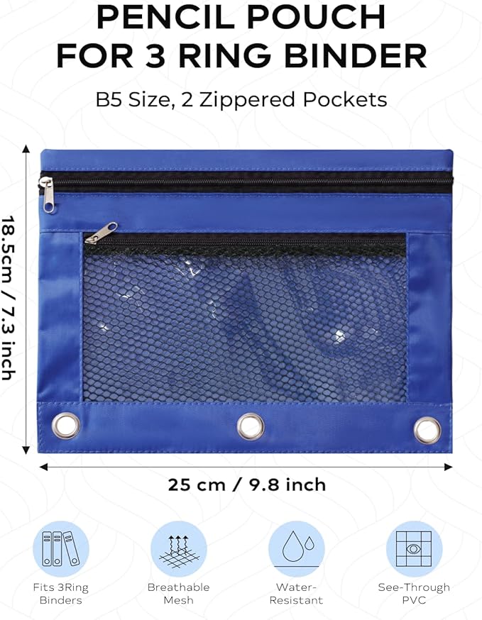 3 Ring Binder Pencil Pouch - School Pencil Case with 2 Zippered Pockets, Clear Mesh Window Pencil Bag, B5 Size, Back to School Gifts (Blue)