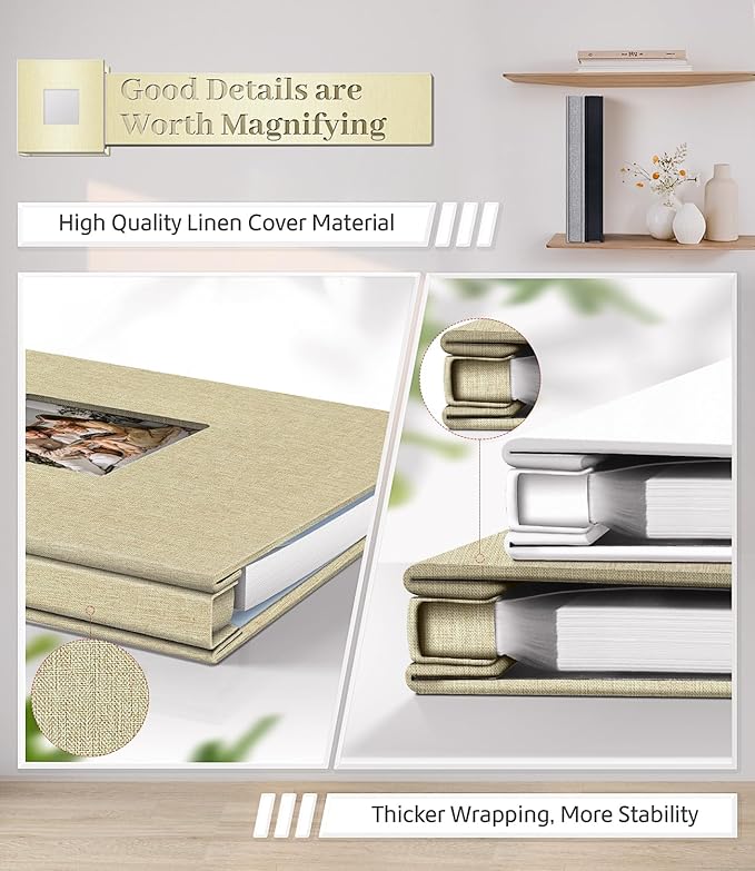 Photo Album Self Adhesive Scrapbook Album for 3x5 4x6 5x7 8x10 Pictures,60 Pages Linen Cover with Display Window DIY Photo Book,Ideal Gifts for Family Travel Wedding Baby