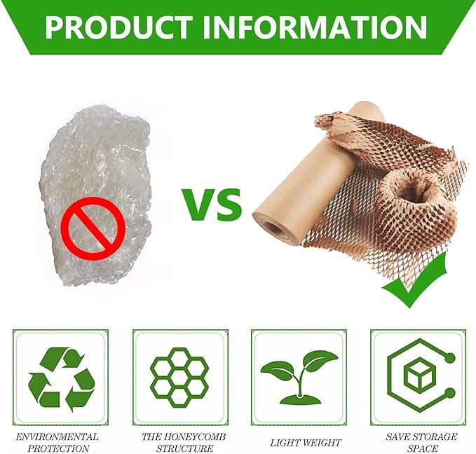 Honeycomb Packing Paper Wrap 15"x400' Sustainable Alternative to Bubble Cushioning Wrap Biodegradable & Fully Recylable for Moving/Shipping/Packing Roll with 20 Fragile Stickers