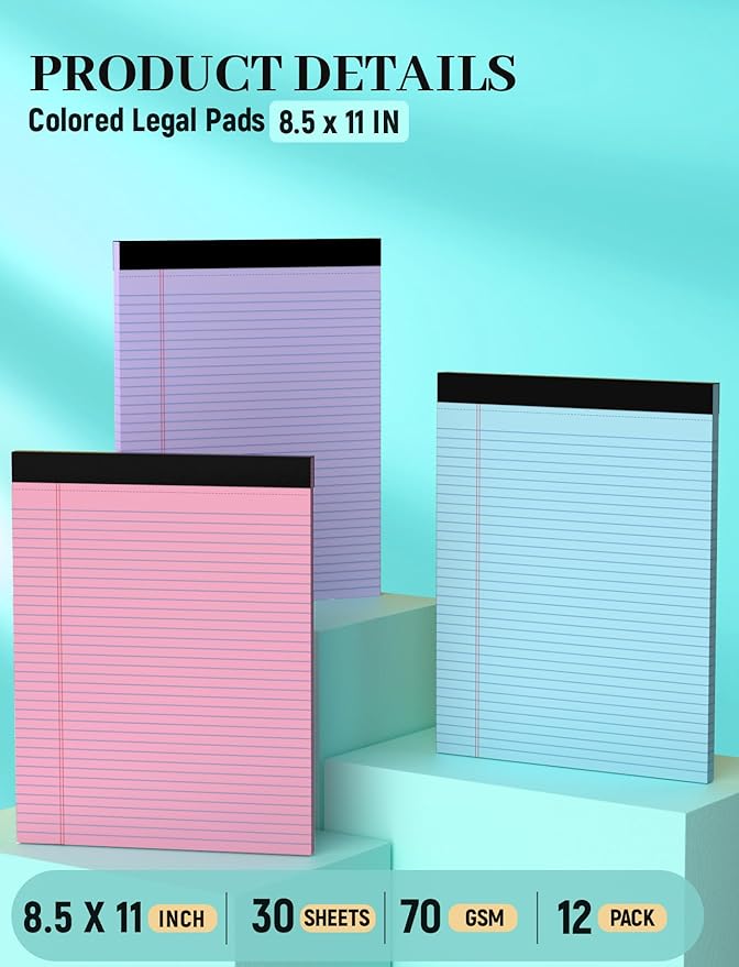 12 Pack Legal Pads 8.5 x 11 College Ruled, Lined Paper Pads 8.5 x 11, Colored Legal Pads, 30 Sheets Per Writing Pads, Perforated Note Pads with Sturdy Backing, Notepads for School, Office, Home