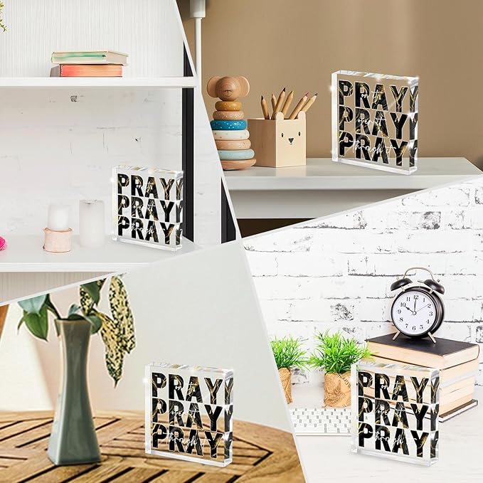 Black Gold Desk Decorations for Office, Ideal Christian Gifts for Women - Pray On It,Pray Over It - Bible Verse Desk Art, Inspirational Decor, Dorm Room Decor for Women, 4 x 4 inches(Black Gold)