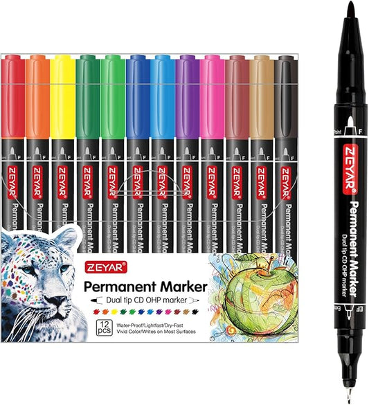ZEYAR Twin Tip Permanent Markers, CD/DVD Markers, 12 Color, Ultra Fine Point and Fine Point for Signature and Marking (12 Colors)