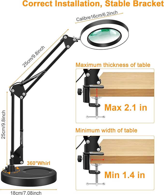 10X Magnifying Glass with Light and Stand, 2-in-1 LED Magnifier Desk Lamp, 3 Color Modes 10 Level Dimmable, Hands-Free Lighted Magnifier for Craft Repair Nail Reading Close Works (Black, Base)