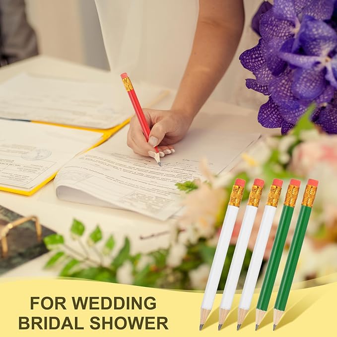 MECCANIXITY Golf Pencils with Erasers, 4" HB Mini Half Pencils Pre Sharpened Small Pens for Wedding Bridal Shower Game Office Writing Drawing(Green/White, Pack of 50)
