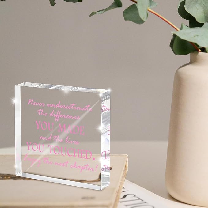 Never Underestimate Your Impact Acrylic Desk Sign - 4 * 4 Inch Pink Lettering Farewell Gifts for Coworkers Women, Inspirational Goodbye Going Away Gift for Office Retirement
