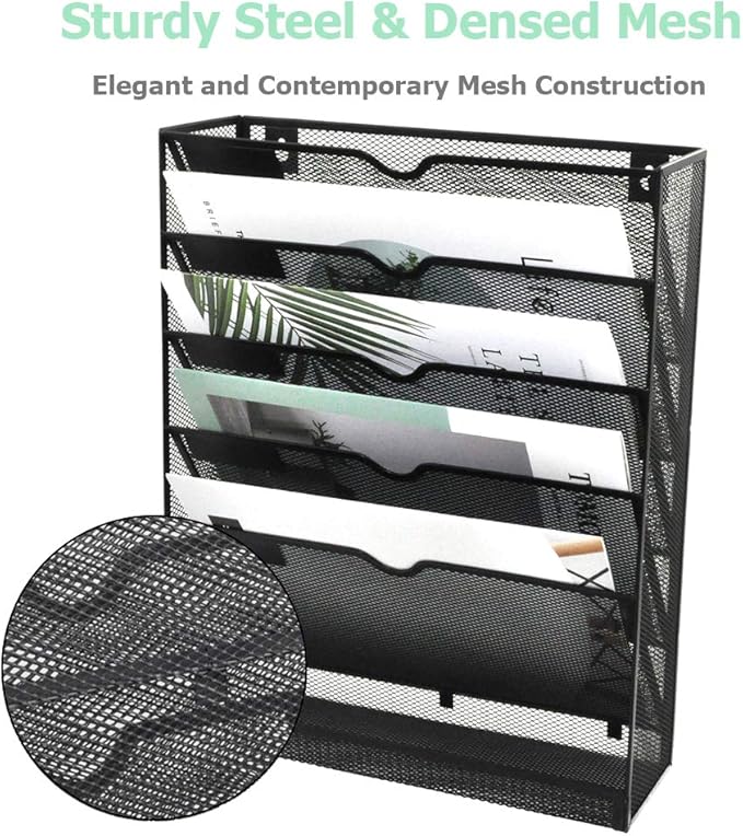 EASEPRES Desk File Organizer Mesh 6-Tier, Hanging Wall Mount Document Organization Stand, Desktop Vertical Mail Paper Folder Holder Rack with Bottom Tray for Office Home Cubicle, Sides Closed, Black