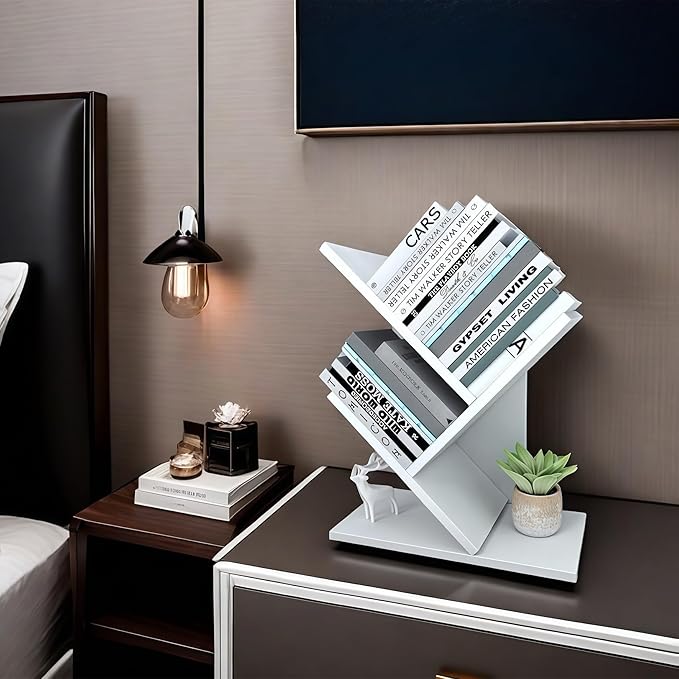 Godferyxin Tree Bookshelf, 3-Tier Wood Mini Bookshelf and Small Bookcase for Office, Home or School Desk Book Shelf for for Displaying Books, CDs, Magazines Wood Storage Rack-Whit