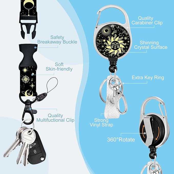 Sun Moon Teacher ID Badge Holder with Lanyard, Fashionable Lanyards for ID Badges Women, Cute Badge Reel Retractable, ID Card Holder Keychain Name Badge Clip, Nurse Teacher Gifts