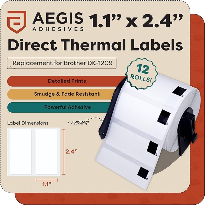Aegis Adhesives - Compatible Label Replacement for Brother DK-1209 (1.1" X 2.4”) Address & Barcode, Use with QL Label Printers - 12 Rolls + 1 Frame