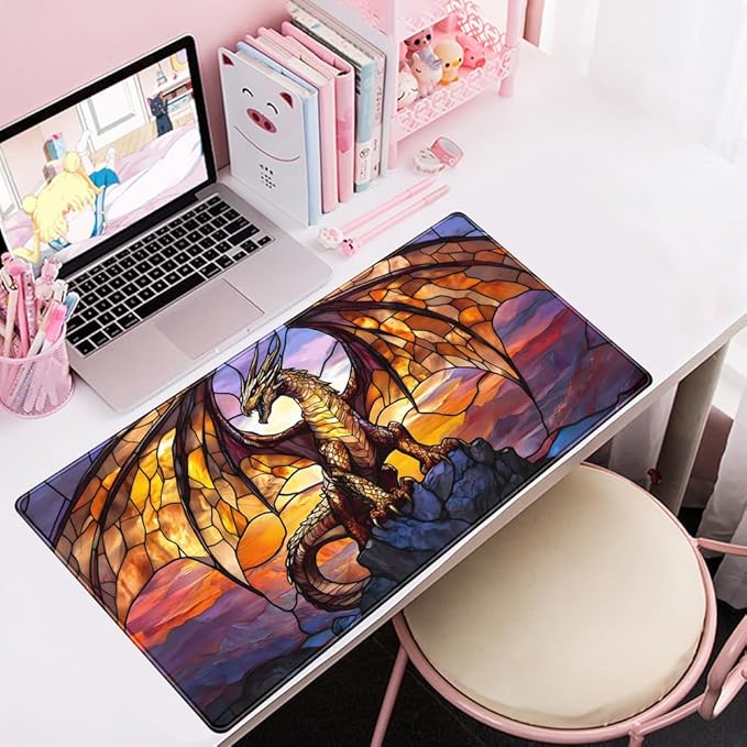 Dragon Desk Mat Large Mouse Pad XXL Extended Gaming, Gamer Gift Play Mat Desk Mousepad with Stitched Edges, Keyboard Mouse Mat for Work Game Office 31.5x15.7 in-Gift for Boyfriend or Son