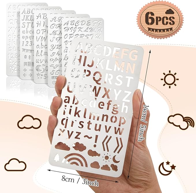 Lewtemi 6 Pcs Mixed Metal Stencil Wood Stencil Templates Stencils for Journaling Burning Stencils for Wood Carving Drawing Engraving Scrapbooking Journal Craft DIY (Letter Style)