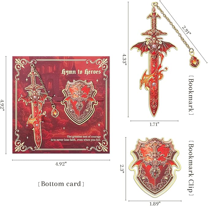 Dragon Knight Metal Bookmark & Book Clip Set - Sword Book Mark with Pendant & Shield Page Marker Clip - Fire Red Fantasy Gift for Men, Women, Kids, Readers, Book Lovers, RPG Gamers | Hymn to Heroes
