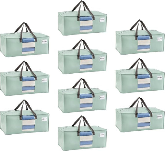 VENO 10 Pack Moving Bags for College, Heavy-Duty Storage Totes, Moving Boxes and Wardrobe Packing Supplies Alternative - Extra Large Durable Laundry Bags for Clothes (Shiny Light Green, 10 Pack)