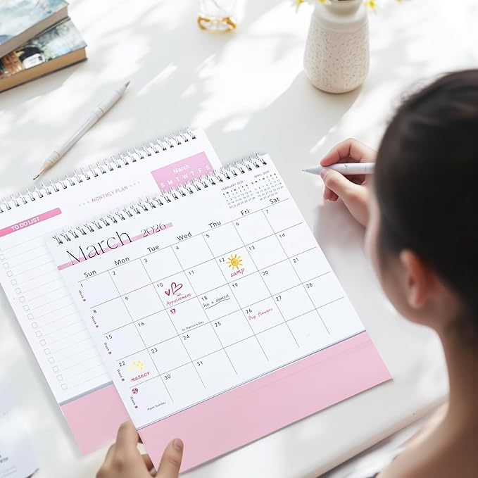 Desk Calendar 2025-2026,July 2025 to Dec 2026 18 Months Standing Flip Desk Calendar with Stickers,10" x 8" Desktop Calendar for Home Office School,Pink