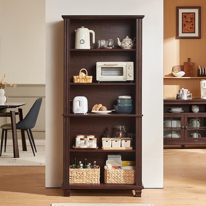70" Tall Walnut Bookshelf,5 Tier Wooden Book Shelf with Adjustable Shelves & Wood Legs,Free Standing Farmhouse Bookcase with Open Display Storage,Vintage Bookshelves for Classroom, 2PCS