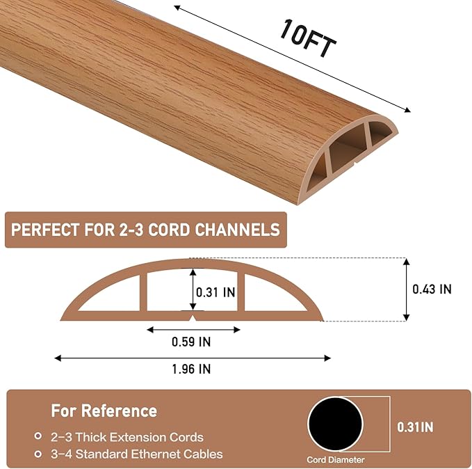 Floor Cord Cover Self Adhesive Cord Hider Floor Extension Cord Covers for Floor Power Cord Protector Cable Management Prevent Cable Trips Cable Cavity 0.59" W x 0.31" H (Light Brown Wood, 10Ft)
