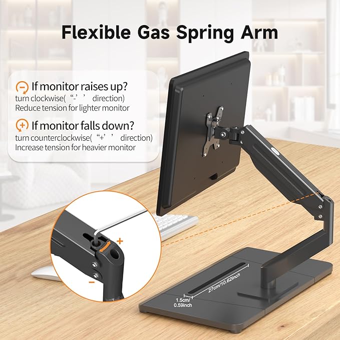 suptek Single Monitor Mount Gas Spring Arm Mount with Base,Free Standing Pneumatic Height Adjustable Monitor Desk Stand for 17 to 32 inch,Holds up to 22 lbs,Black(ML8C)
