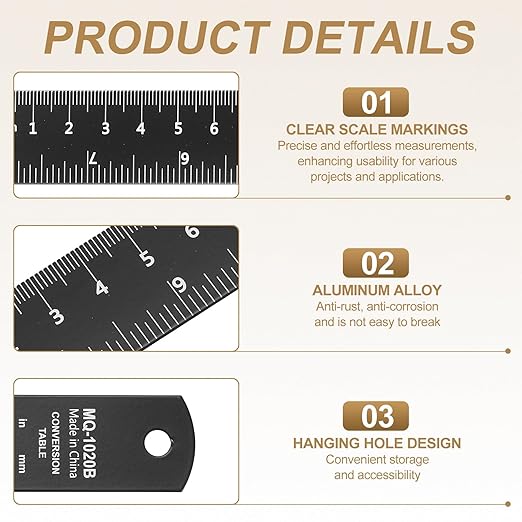 HARFINGTON 2pcs Metal Straight Ruler 20cm Metric SAE Aluminum Alloy Measuring Rulers Scale Tool with Hole for Measure Study Reading Classroom Office, Black