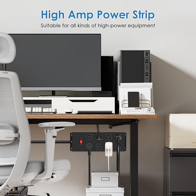 JUNNUJ Heavy Duty 20 Amp Power Strip, Garage 8 Outlets Metal 12 Gauge Surge Protector 3000J, High Amp 5-15P Adapter Shop 6-20R T-Slot Industrial Outlets (8AC, 10FT)