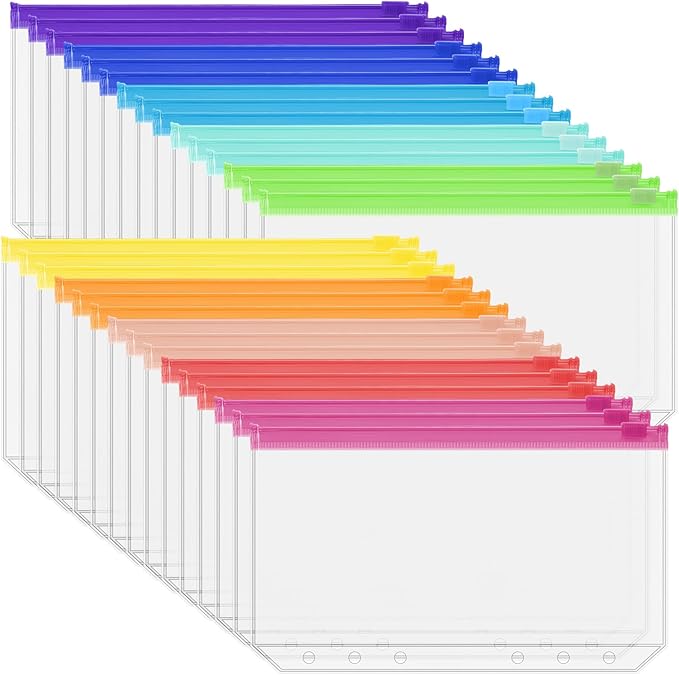 Antner 30PCS A6 Binder Pockets 6-Hole Budget Binder Inserts, 10 Assorted Color Zipper Pouch Folders Cash Stuffing Envelopes for Budgeting, Loose Leaf Filling Bags Money Organizer for A6 6-Ring Binders