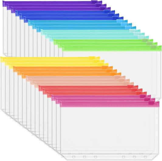 Antner 30PCS A6 Binder Pockets 6-Hole Budget Binder Inserts, 10 Assorted Color Zipper Pouch Folders Cash Stuffing Envelopes for Budgeting, Loose Leaf Filling Bags Money Organizer for A6 6-Ring Binders
