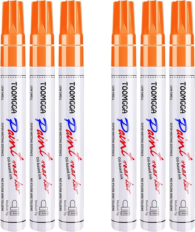 Orange Permanent Paint Pens - 6 Pack Oil Based Paint Markers, Pens For Rock Painting Car Tyre Metal, Plastic, Canvas, Mugs, Wood, Glass, Quick Drying and Waterproof, Medium Point