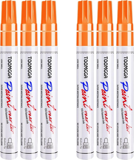Orange Permanent Paint Pens - 6 Pack Oil Based Paint Markers, Pens For Rock Painting Car Tyre Metal, Plastic, Canvas, Mugs, Wood, Glass, Quick Drying and Waterproof, Medium Point