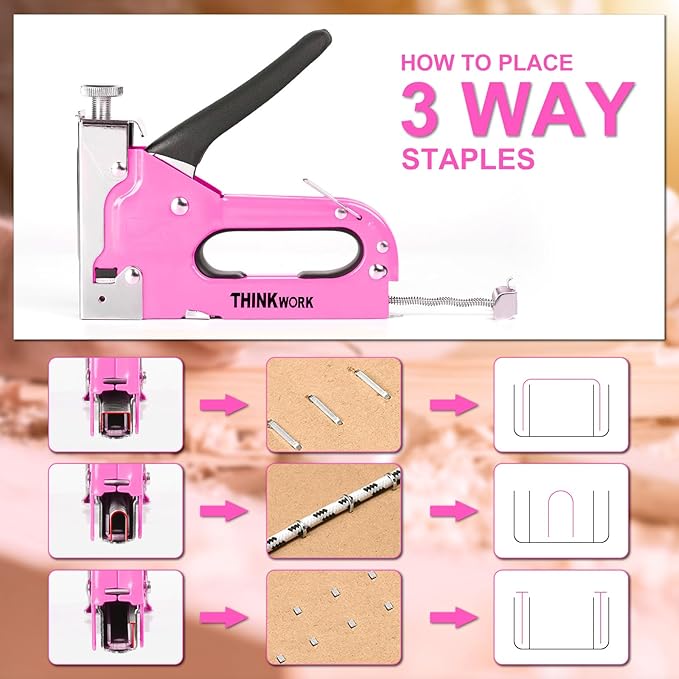THINKOWRK 3 in 1 Staple Gun, Light Pink Staple Guns/Home Use Upholstery with 900 Staples, Nail Gun for Wood, Cable, Fabric, Wall, Material Repair, DIY Manual Stapler