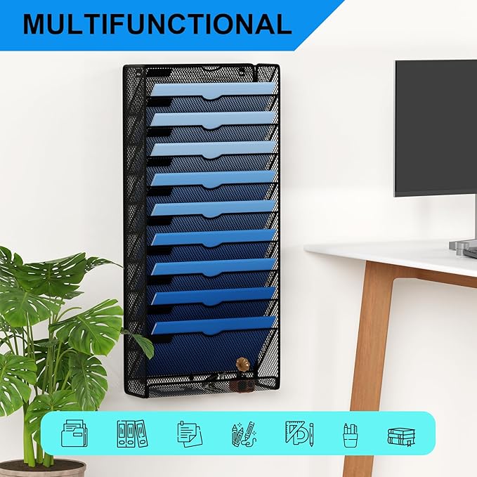 Hanging Wall File Organizer 10 Tier Wall Mounted File Holder Document Wall Organizer Magazine Organization for Office Home, Black