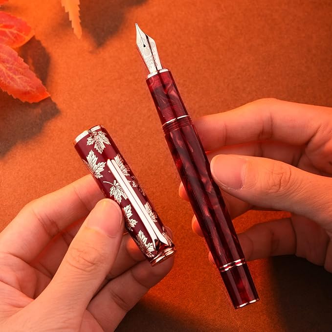 Hongdian N8 Red Acrylic Resin Fountain Pen, Iridium Extra Fine Nib Rose Gold Trim Maple Leaf Carving Cap, Smooth Writing Pen with Converter and Metal Pen Box Set