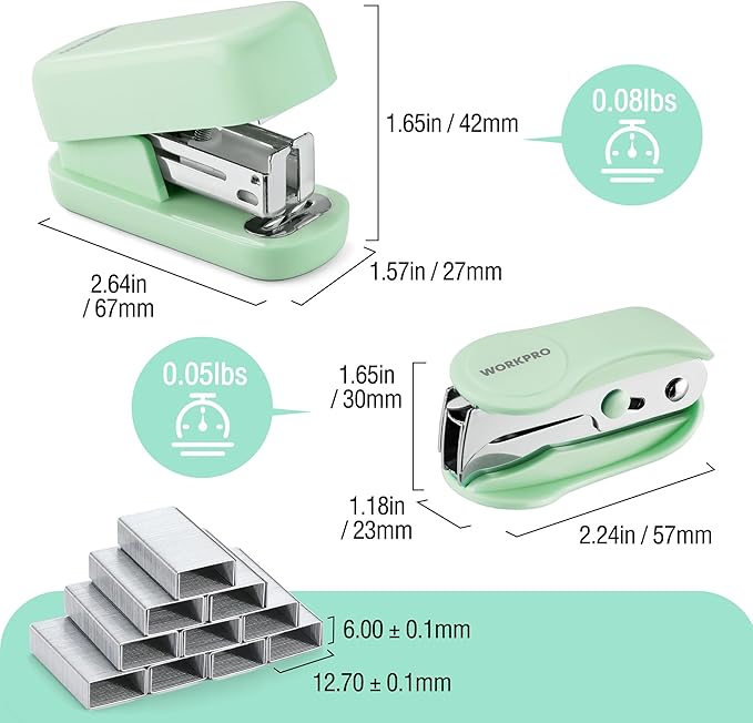 WORKPRO Small Stapler with Staples, Green Stapler Set Includes Two Mini Staplers, One Staple Remover, 2000 Standard Staples - Cute Staplers for Desk with Non-Slip Base, Lock Design, Portable