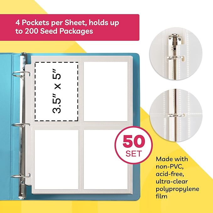 Seed Storage Organizer (50 Sheets, 3.5 x 5 Pockets) - Garden Seed Packet Organizer with 4 Pocket Sheet Protectors for 3 Ring Binders