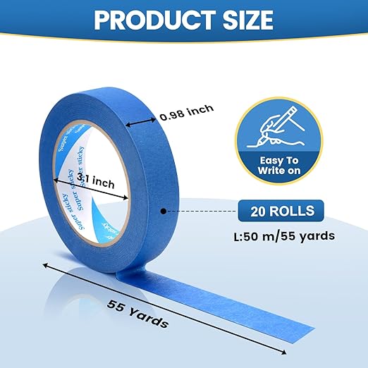 Blue Painters Tape, 20 Rolls Paint Tape 1 Inch Wide (0.98 in. x 55 Yds) Blue Masking Tape Protects Surfaces, Painter's Tape for Indoor and Outdoor Use, Easy Removal (20PCS)