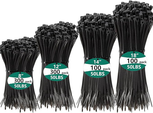 800 PCS Black Zip Ties Assorted Sizes 8+12+14+18 Inch Self-locking Nylon Cable ties Heavy Duty Outdoor, UV Resistant Wire Straps for Home Office Garden Workshop Indoor Outdoor Fence