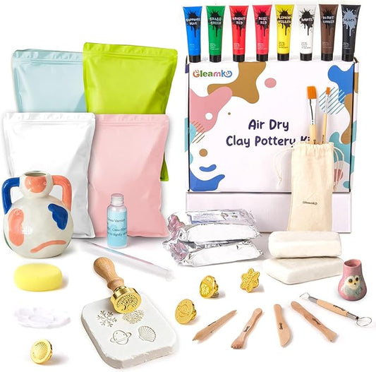 Air Dry Clay Kit for Adults & Kids with Exclusive Stamp | Extra Clay - Complete Sculpting Pottery Kit with Tools & Painting for DIY Ceramic Art, The Gift for Christmas & Thanksgiving