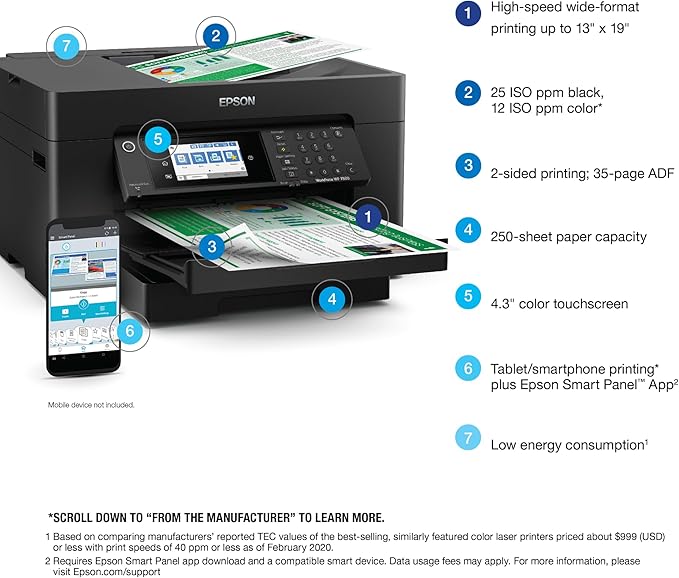 Epson Workforce Pro WF-7820 Wireless All-in-One Wide-Format Printer with Auto 2-Sided Print 13" x 19", Copy, Scan & Fax, 50-Page ADF, 250-sheet Paper Capacity, Works with Alexa, Large Black